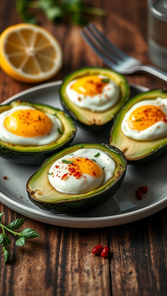 Baked eggs nestled in avocado halves, garnished with herbs and red pepper flakes on a wooden table.